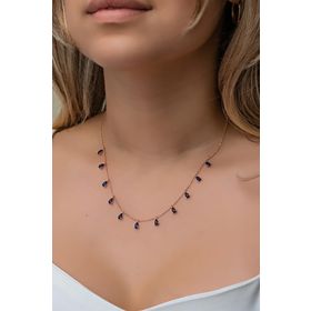 Nereze 925 Ayar Gümüş Rose Sıralı Damla Lacivert Taşlı Kadın Kolye