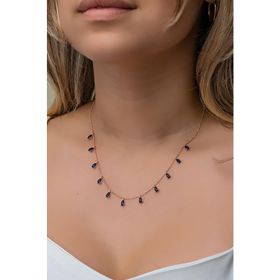 Nereze 925 Ayar Gümüş Rose Sıralı Damla Lacivert Taşlı Kadın Kolye