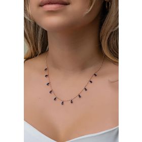 Nereze 925 Ayar Gümüş Rose Sıralı Damla Lacivert Taşlı Kadın Kolye