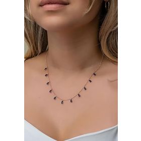 Nereze 925 Ayar Gümüş Rose Sıralı Damla Lacivert Taşlı Kadın Kolye