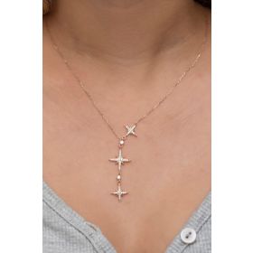 Nereze 925 Ayar Gümüş Rose Zirkon Taşlı 3'lü Kutup Yıldızı Kadın Kolye