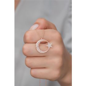 Nereze 925 Ayar Gümüş Rose Zirkon Taşlı Ayyıldız Kolye