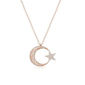 Nereze 925 Ayar Gümüş Rose Zirkon Taşlı Ayyıldız Kolye