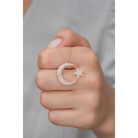 Nereze 925 Ayar Gümüş Rose Zirkon Taşlı Ayyıldız Kolye