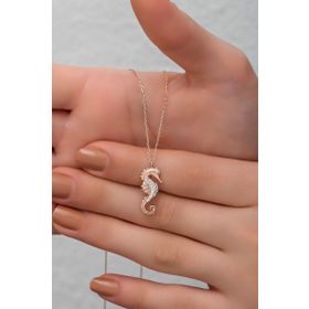 Nereze 925 Ayar Gümüş Rose Zirkon Taşlı Deniz Atı Kadın Kolye