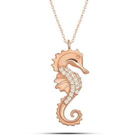 Nereze 925 Ayar Gümüş Rose Zirkon Taşlı Deniz Atı Kadın Kolye