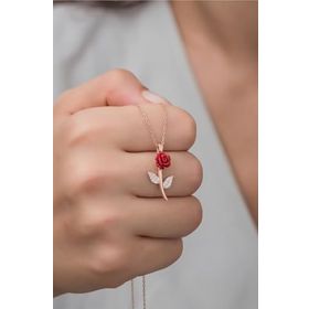 Nereze 925 Ayar Gümüş Rose Zirkon Taşlı Gül Kolye