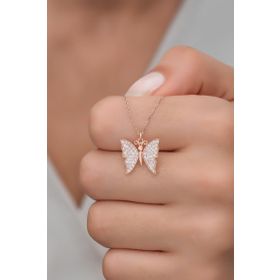 Nereze 925 Ayar Gümüş Rose Zirkon Taşlı Kelebek Kolye