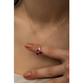 Nereze 925 Ayar Gümüş Rose Zirkon Taşlı Kiraz Kadın Kolye
