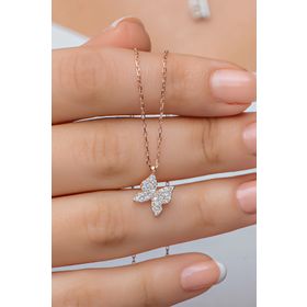Nereze 925 Ayar Gümüş Rose Zirkon Taşlı Minik Kelebek Kadın Kolye