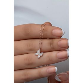 Nereze 925 Ayar Gümüş Rose Zirkon Taşlı Minik Kelebek Kadın Kolye
