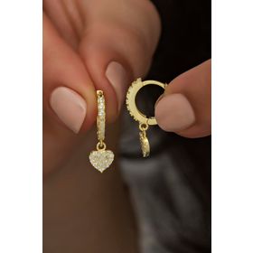Nereze 925 Ayar Gümüş Sallantılı Gold Kalp Küpe