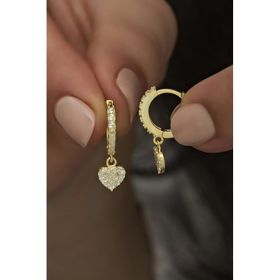 Nereze 925 Ayar Gümüş Sallantılı Gold Kalp Küpe
