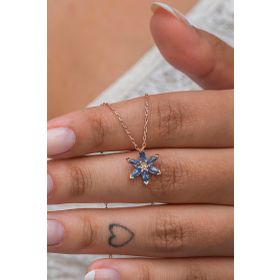 Nereze 925 Ayar Gümüş Tek Kat Aquamarin Taşlı Lotus Çiçeği Kadın Kolye