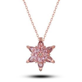 Nereze 925 Ayar Gümüş Tek Kat Pembe Taşlı Lotus Çiçeği Kadın Kolye