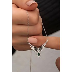 Nereze 925 Ayar Gümüş Yeşil Damla Taşlı Melek Kanadı Kolye
