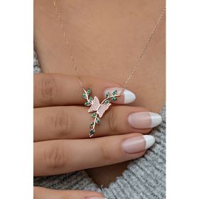 Nereze 925 Ayar Gümüş Yeşil Taşlı Daldaki Kelebek Kadın Kolye