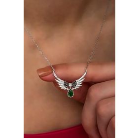 Nereze 925 Ayar Gümüş Yeşil Zirkon Taşlı Melek Kanadı Kadın Kolye