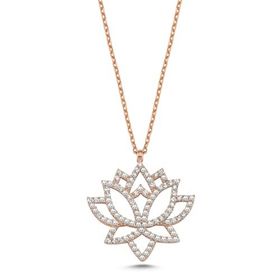 Nereze 925 Ayar Gümüş Zirkon Taşlı Rose Kaplama Lotus Çiçeği Tasarım Kolye