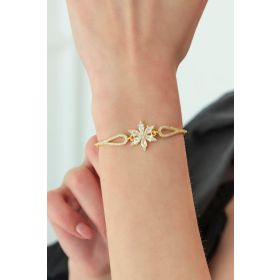 Nereze 925 Ayar Kelepçe Model Gold Beyaz Çiçek Bileklik Kadın Gümüş Bileklik