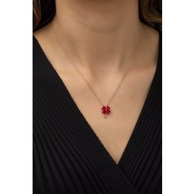 Nereze 925 Ayar Kırmızı Taşlı Yonca Kolye Kadın Gümüş Kolye