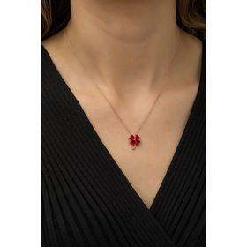Nereze 925 Ayar Kırmızı Taşlı Yonca Kolye Kadın Gümüş Kolye