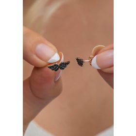 Nereze 925 Ayar Minik Siyah Taşlı Melek Kanadı Kadın Gümüş Küpe
