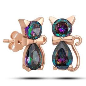 Nereze 925 Ayar Mistik Topaz Taşlı Kedi Kadın Gümüş Küpe