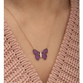 Nereze 925 Ayar Pembe Kelebek Kadın Gümüş Kolye