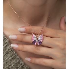 Nereze 925 Ayar Pembe Kelebek Kadın Gümüş Kolye