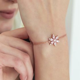 Nereze 925 Ayar Pembe Taşlı Çiçek Bileklik Kadın Gümüş Bileklik