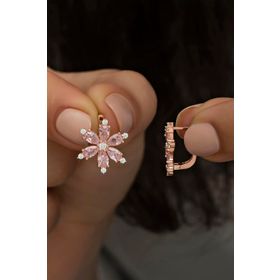 Nereze 925 Ayar Pembe Taşlı Çiçek Kadın Gümüş Küpe