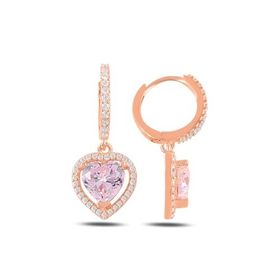 Nereze 925 Ayar Pembe Taşlı Kalp Model Kadın Gümüş Küpe