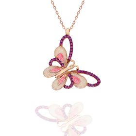 Nereze 925 Ayar Pembe Taşlı Kelebek Kadın Gümüş Kolye