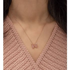 Nereze 925 Ayar Pembe Taşlı Kelebek Kadın Gümüş Kolye