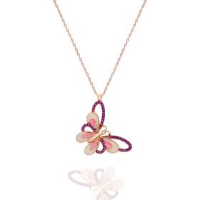Nereze 925 Ayar Pembe Taşlı Kelebek Kadın Gümüş Kolye