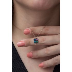 Nereze 925 Ayar Renkli Taşlı Yonca Kadın Gümüş Kolye