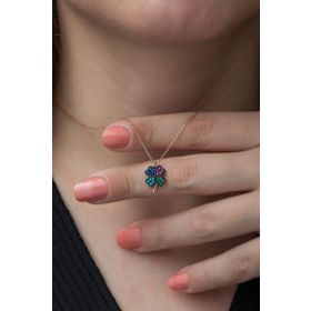 Nereze 925 Ayar Renkli Taşlı Yonca Kadın Gümüş Kolye