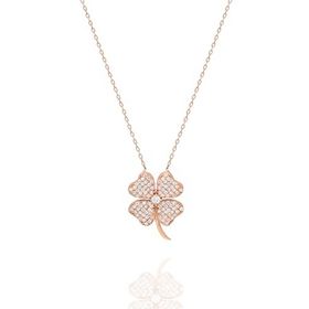 Nereze 925 Ayar Rose Beyaz Taşlı Yonca Kolye Kadın Gümüş Kolye
