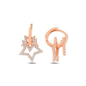Nereze 925 Ayar Rose Çift Yıldız Küpe Kadın Gümüş Küpe