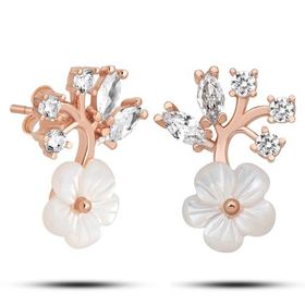 Nereze 925 Ayar Rose Filizlenmiş Manolya Çiçeği Detaylı Kadın Gümüş Küpe