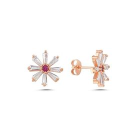 Nereze 925 Ayar Rose Kaplama Baget Taşlı Kırçiçeği Kadın Gümüş Küpe