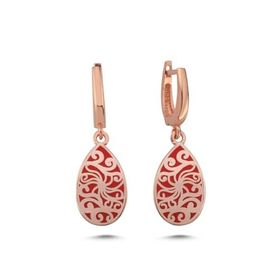 Nereze 925 Ayar Rose Kaplama Desenli Kırmızı Lazer Mineli Kadın Gümüş Küpe
