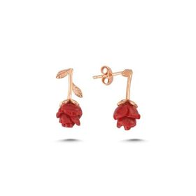 Nereze 925 Ayar Rose Kırmızı Gül Kadın Gümüş Küpe