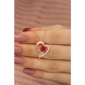 Nereze 925 Ayar Rose Kırmızı Gül Kalp Kadın Gümüş Kolye