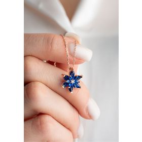 Nereze 925 Ayar Rose Mavi Taşlı Lotus Çiçeği Kadın Gümüş Kolye