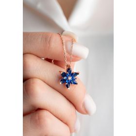 Nereze 925 Ayar Rose Mavi Taşlı Lotus Çiçeği Kadın Gümüş Kolye