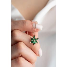 Nereze 925 Ayar Rose Yeşil Taşlı Lotus Çiçeği Kadın Gümüş Kolye