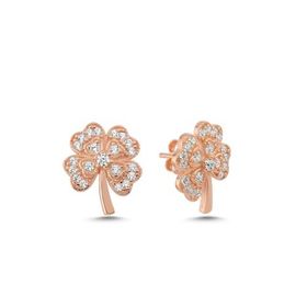 Nereze 925 Ayar Rose Zirkon Taşlı Yonca Kadın Gümüş Küpe