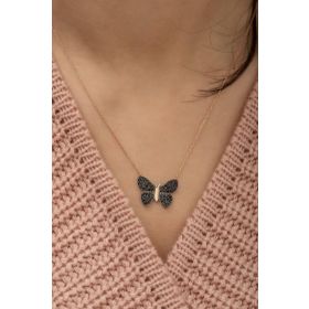 Nereze 925 Ayar Siyah Kelebek Kadın Gümüş Kolye